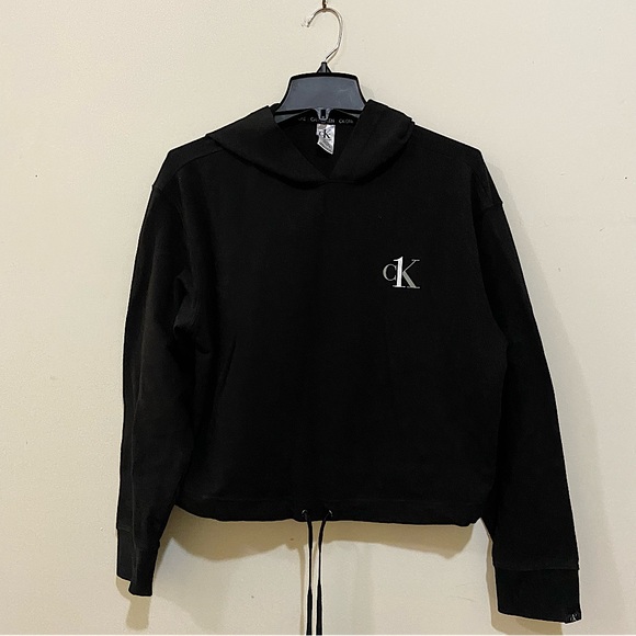 Calvin Klein Crop Top Logo Black Hoodie - Picture 1 of 7